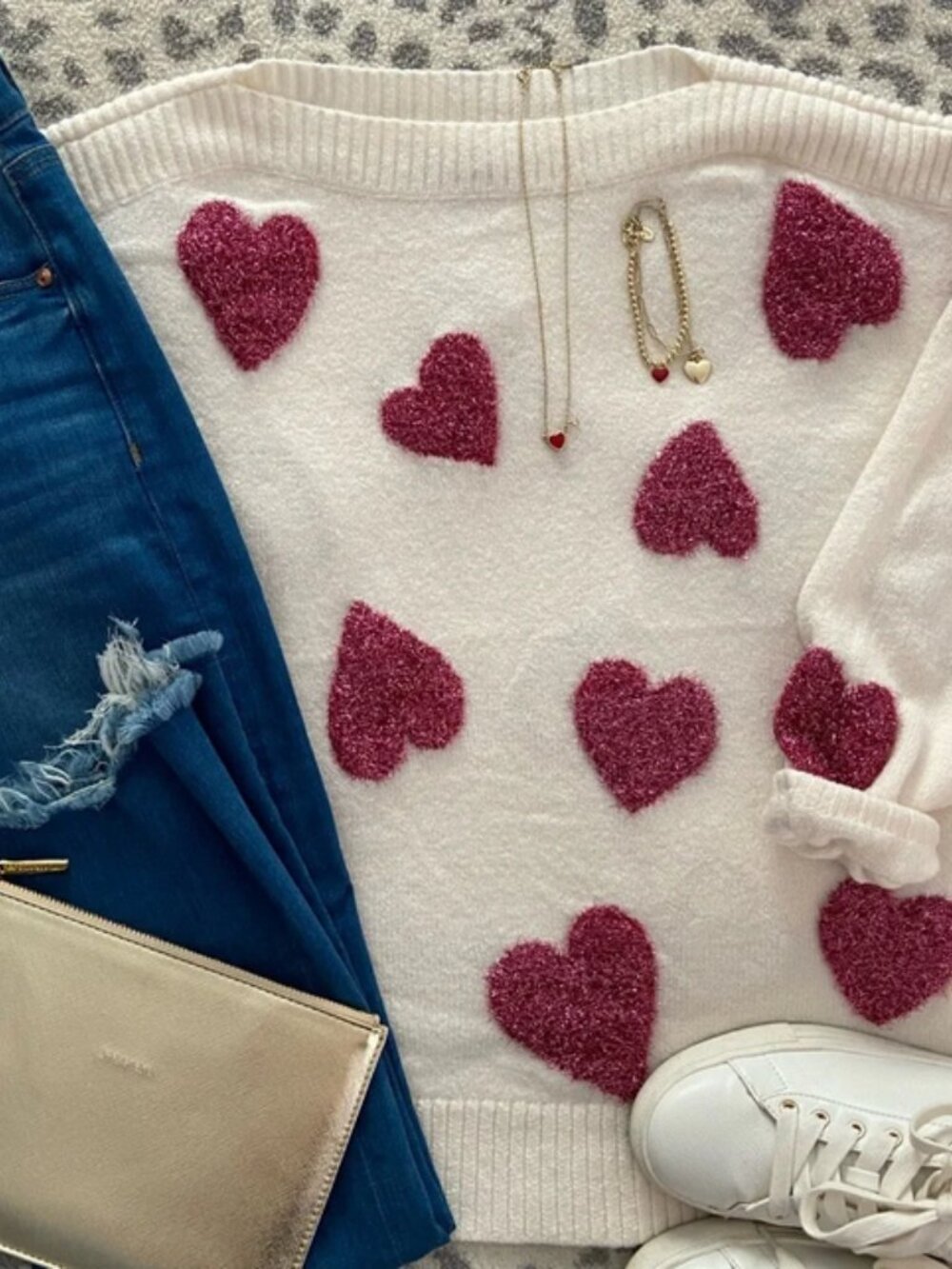 Ann Taylor Pink Intarsia knit heart sweater 0187